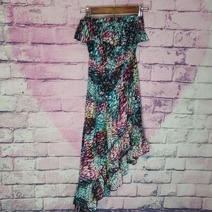 POETRY RUFFLE TUBE TOP STRAPLESS ASYMMETRIC BOLD WATERCOLOR ABSTRACT DRESS SMALL